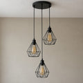 Lustre salon 3 lumières cage métal noir, style industriel - lustre cage eteint vue de face