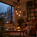 Lustre salon vintage bois et métal noir, douille E27 - lustre croix bois coin lecture un soir de pluie