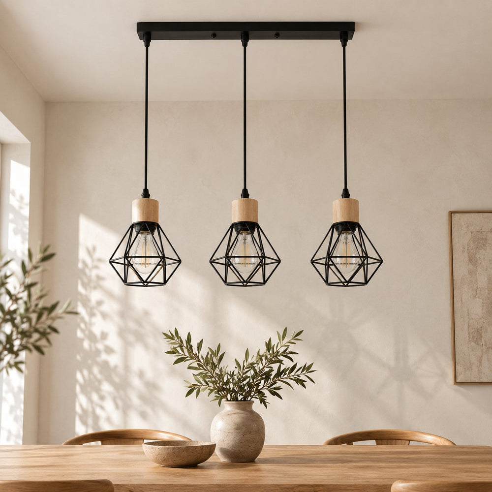 Lustre salon 3 lumières fer noir, forme diamant, douille E27 - lustre v2 06 jour