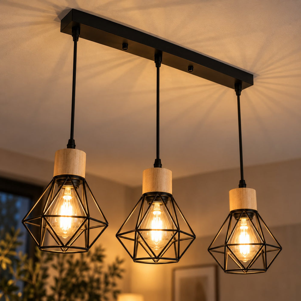 Lustre salon 3 lumières fer noir, forme diamant, douille E27 - lustre v2 09 barre