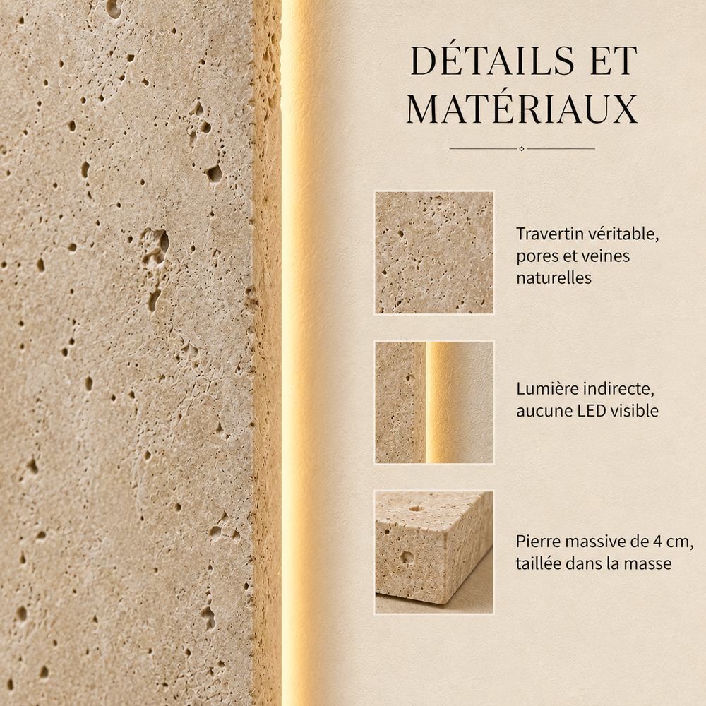 Détails et matériaux : travertin véritable, lumière indirecte, pierre massive de 4 cm #42-cm