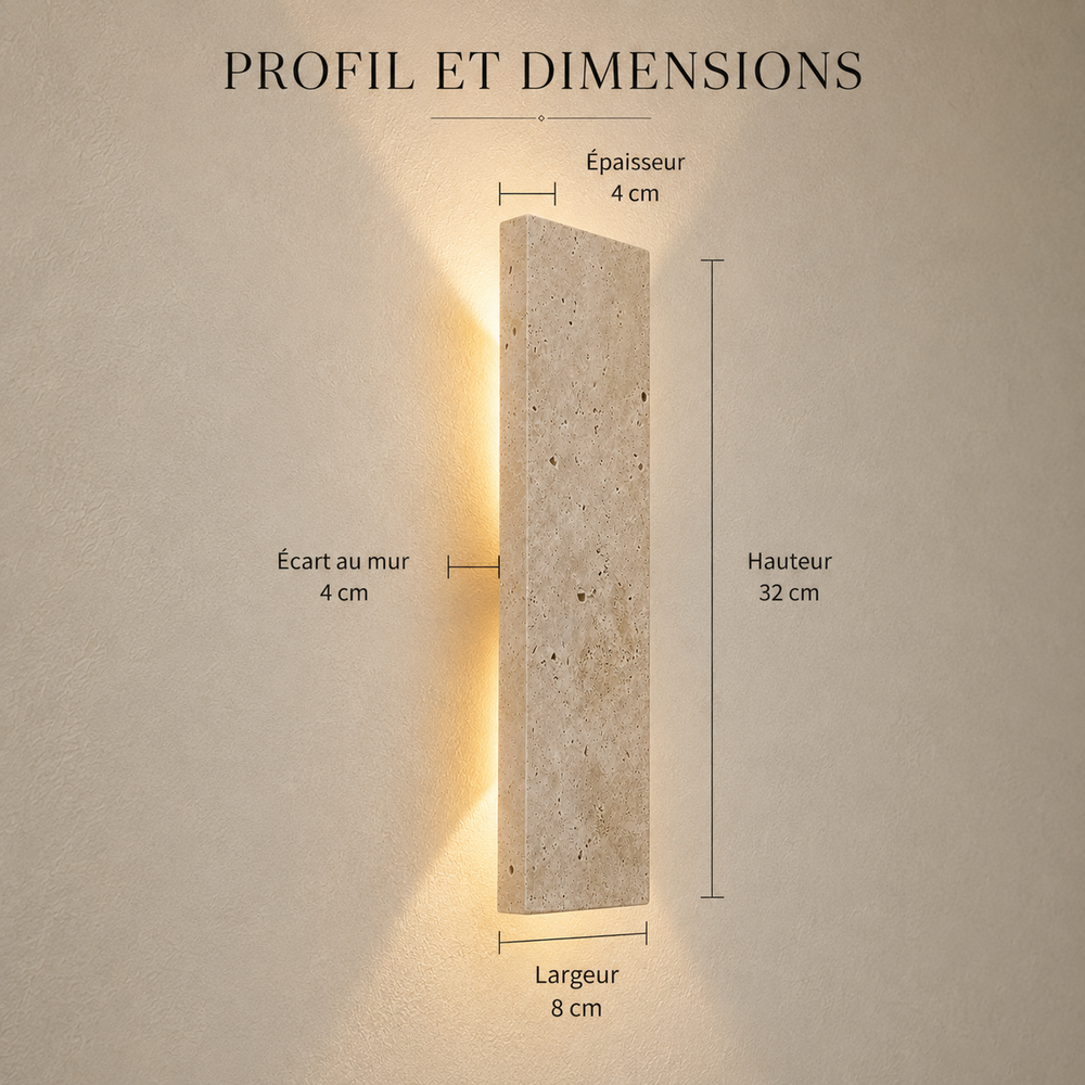 Profil et dimensions : hauteur 32 cm, largeur 8 cm, épaisseur 4 cm, écart au mur 4 cm #32-cm
