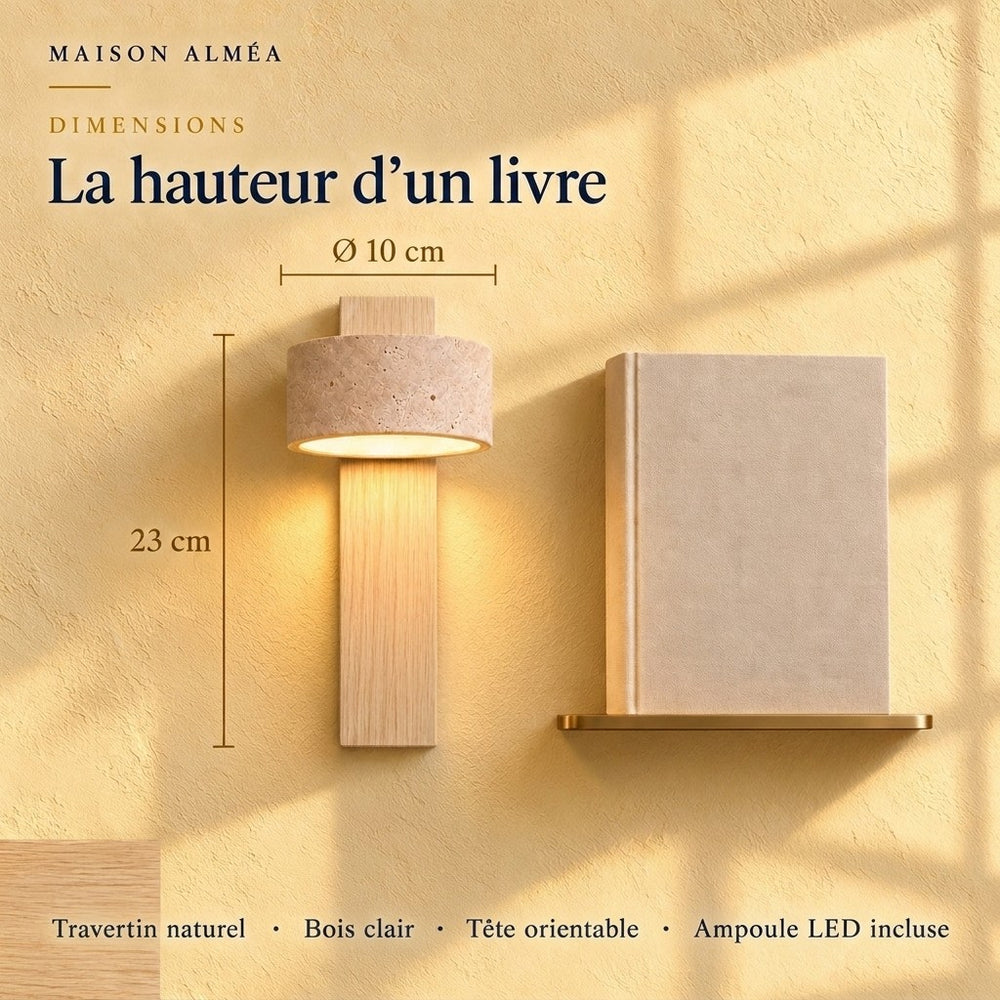 Applique murale chambre travertin et noyer, tête orientable - noa la hauteur d un livre dimensions #bois-clair