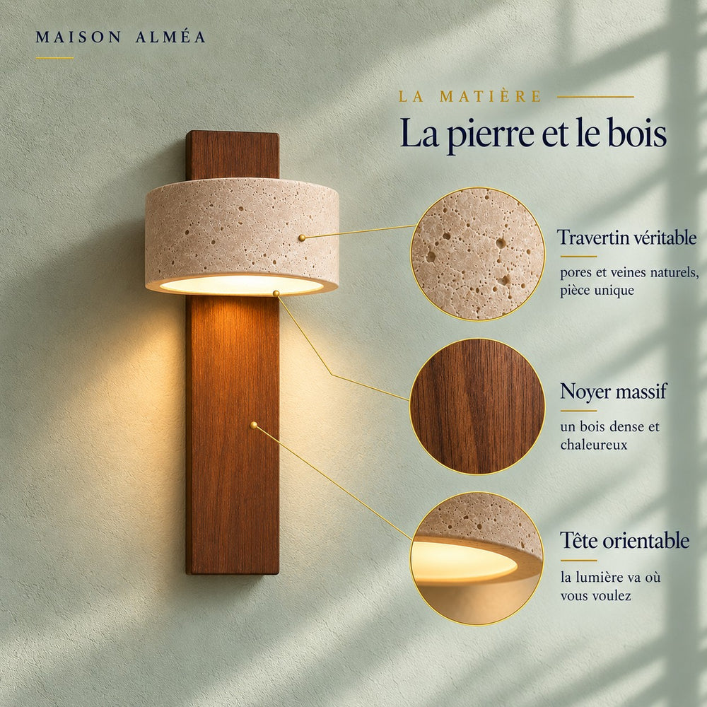 Applique murale chambre travertin et noyer, tête orientable - noa la pierre et le bois matiere #noyer