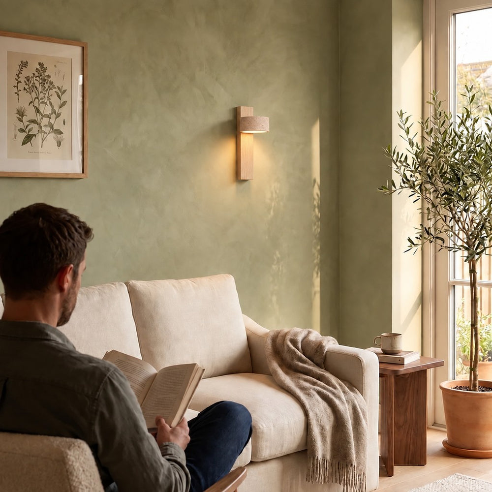 Applique murale chambre travertin et noyer, tête orientable - noa salon vert olive lecture #bois-clair