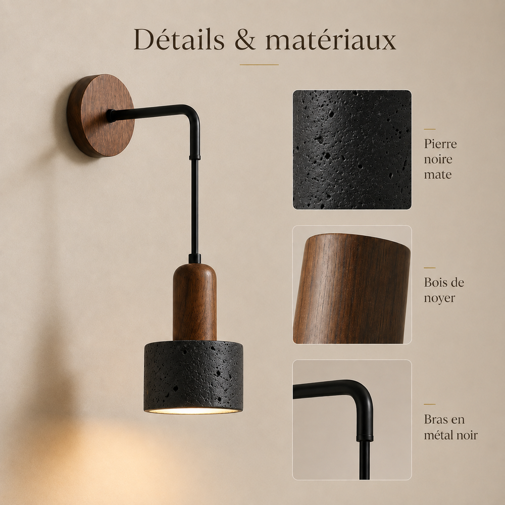 Détails et matériaux : pierre noire mate, bois de noyer, bras métal noir #pierre-noire