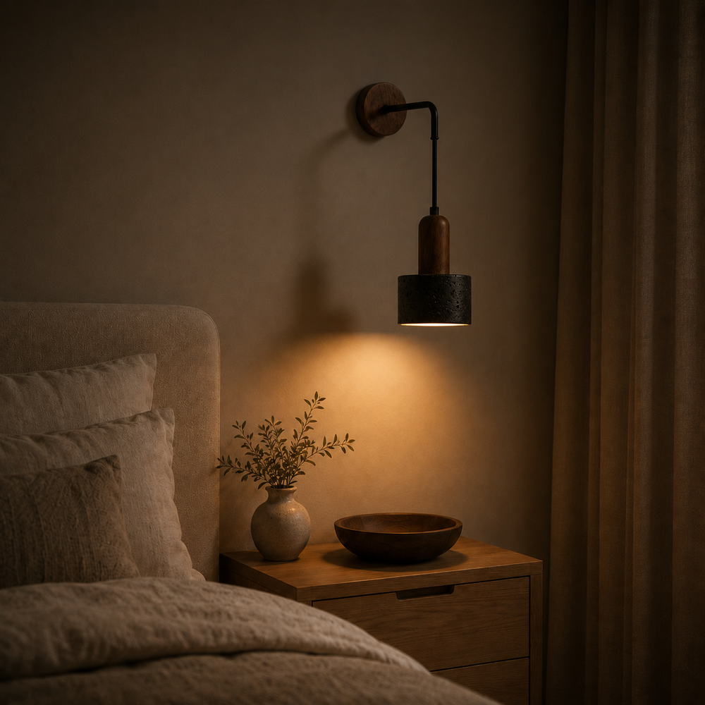 Applique rétro en pierre noire la nuit, seule source de lumière #pierre-noire