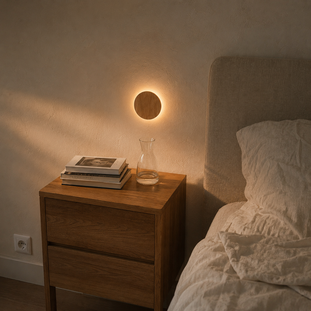 Applique circulaire en bois allumée au-dessus d'une table de chevet en chêne #rond