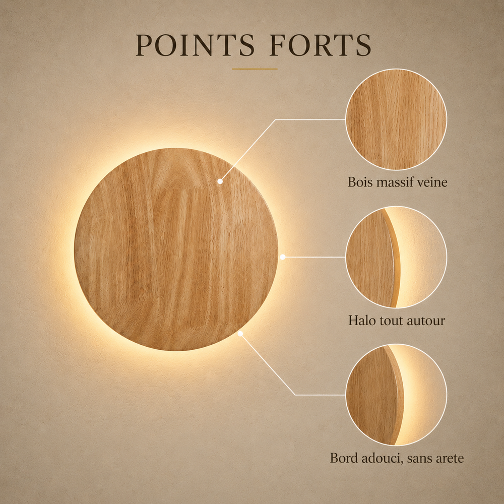 Points forts : bois massif veiné, halo tout autour, bord adouci #rond