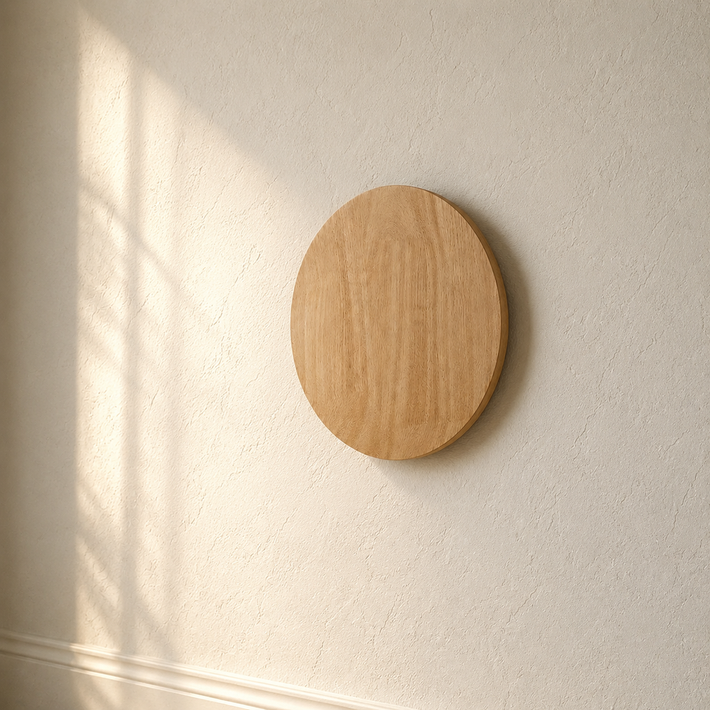 Applique circulaire éteinte en plein jour, vraie couleur du bois clair #rond
