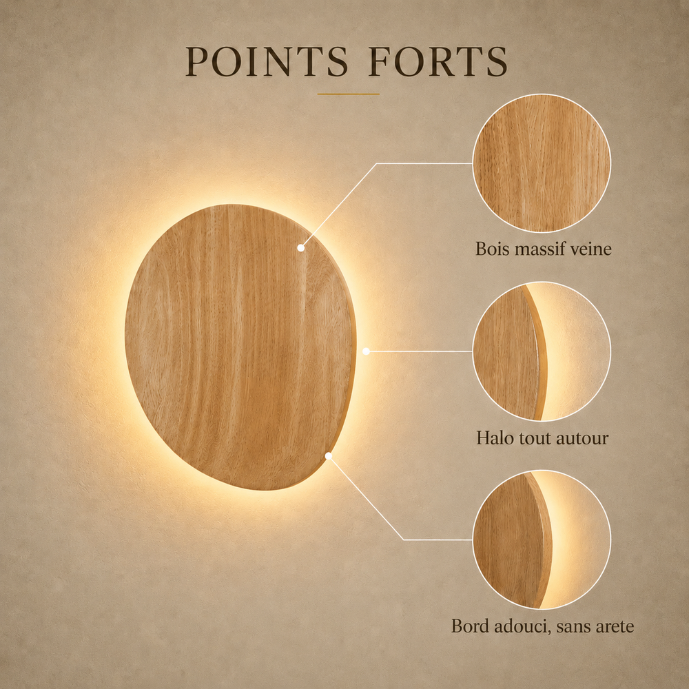 Points forts : bois massif veiné, halo tout autour, bord adouci #ovale
