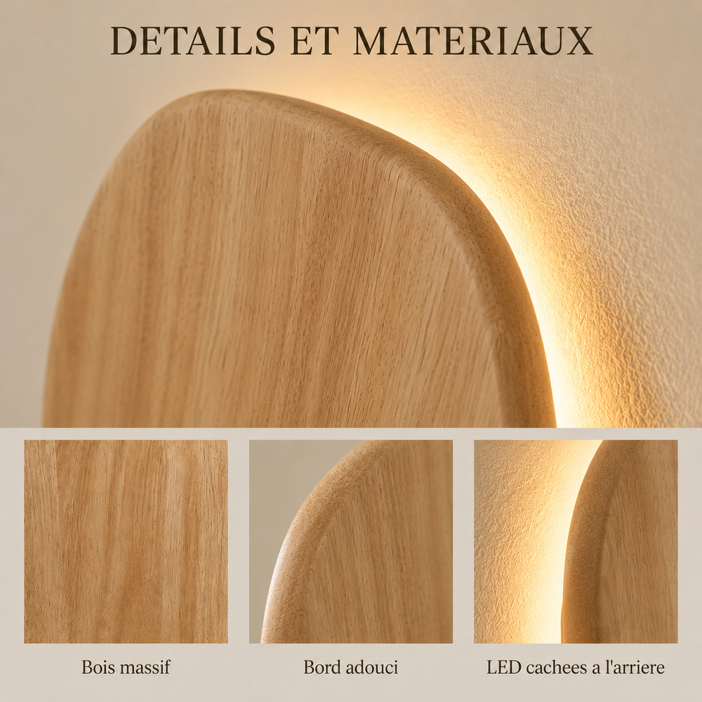 Détails et matériaux : bois massif, bord adouci, LED cachées à l'arrière #ovale