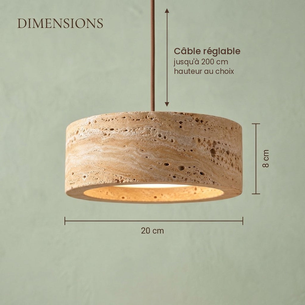 Suspension salon travertin jaune, pierre naturelle Ø 20 cm - okra dimensions cable reglable