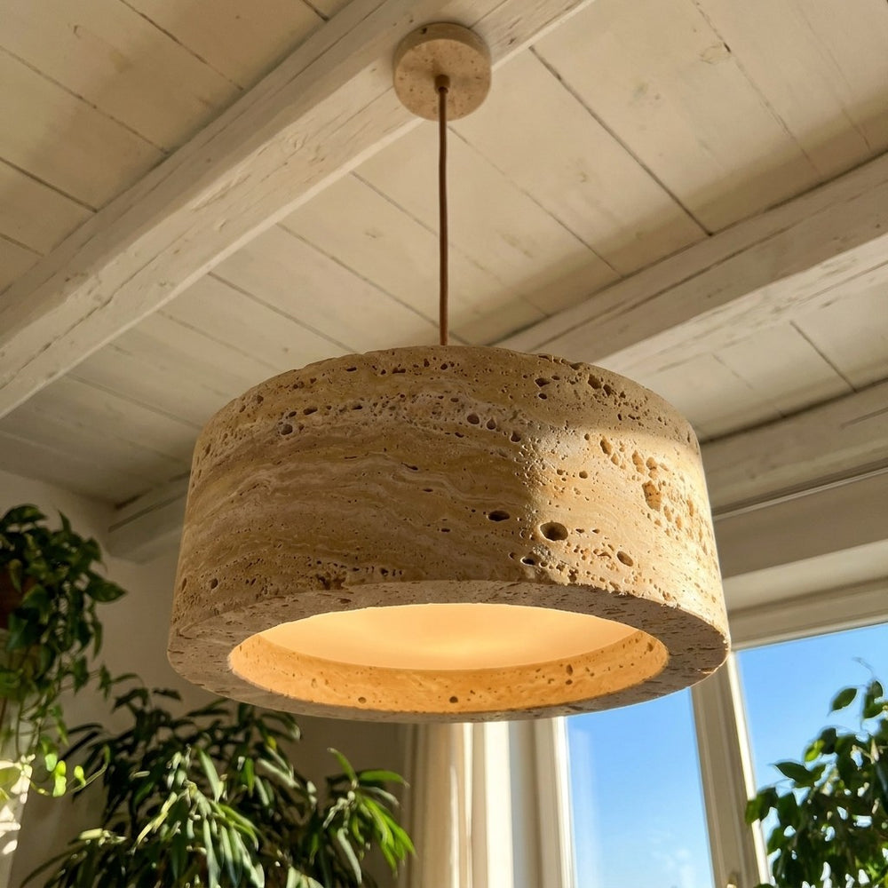 Suspension salon travertin jaune, pierre naturelle Ø 20 cm - okra vue d en bas anneau lumineux
