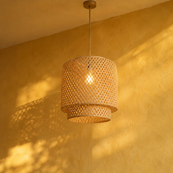 Plafonnier rotin et bambou tissé main, salon, Ø 30 cm