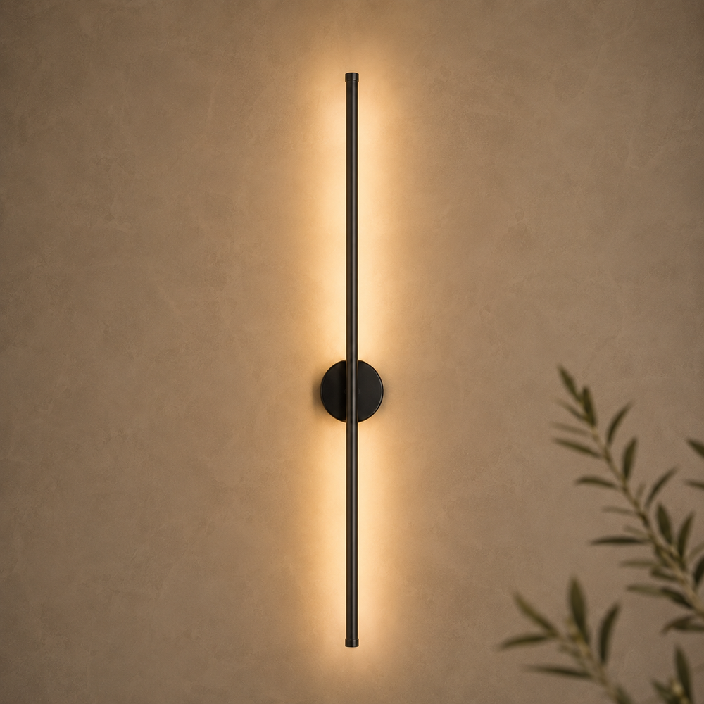 Applique magnétique rechargeable 80 cm noire allumée, tube LED vertical #noir-80-cm