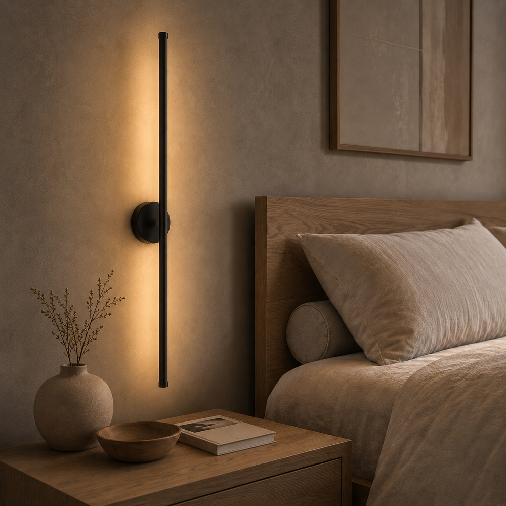 Applique tube LED noire 80 cm au-dessus d'une table de chevet #noir-80-cm