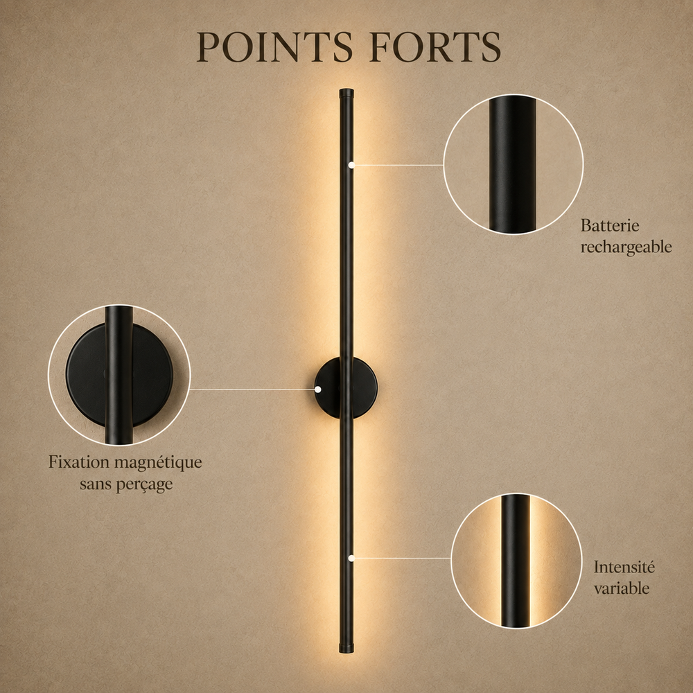 Points forts : batterie rechargeable, fixation magnétique sans perçage, intensité variable #noir-80-cm