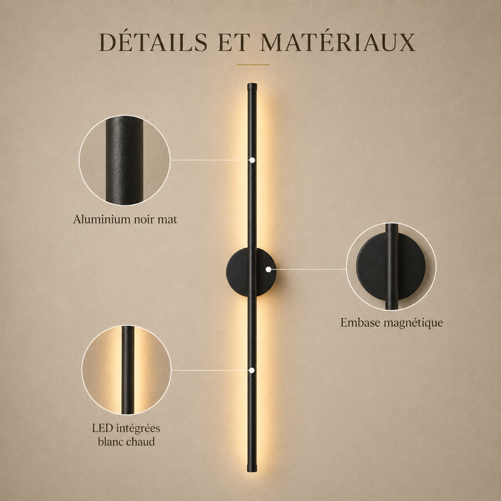 Détails et matériaux : aluminium noir mat, embase magnétique, LED intégrées blanc chaud #noir-80-cm