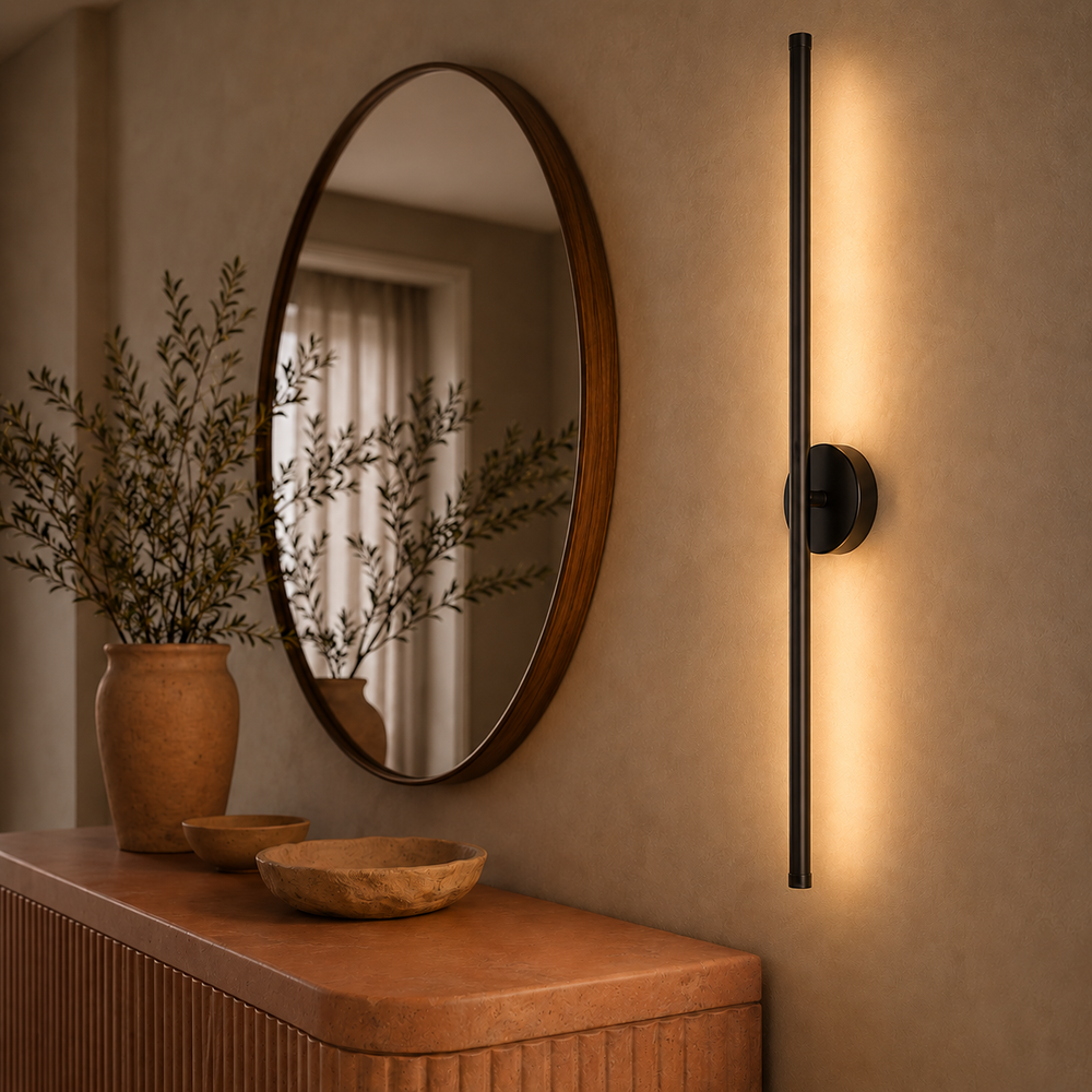 Applique tube LED noire 80 cm au-dessus d'une console d'entrée avec miroir #noir-80-cm