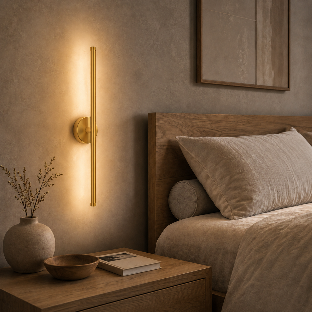Applique tube LED dorée 50 cm au-dessus d'une table de chevet #or-50-cm
