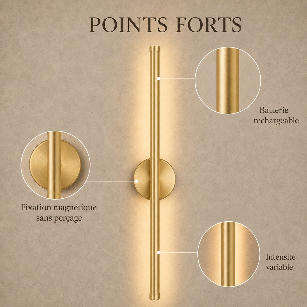 Points forts : batterie rechargeable, fixation magnétique sans perçage, intensité variable #or-50-cm