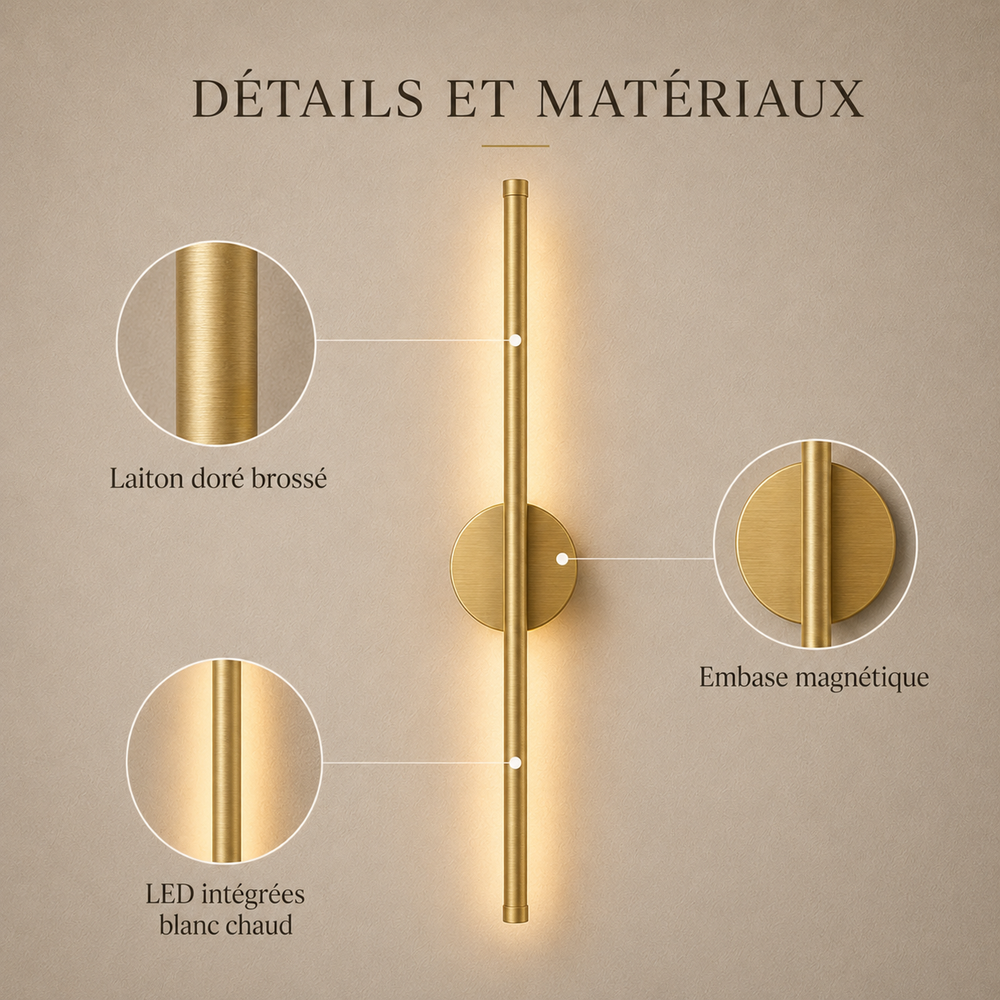 Détails et matériaux : laiton doré brossé, embase magnétique, LED intégrées blanc chaud #or-50-cm