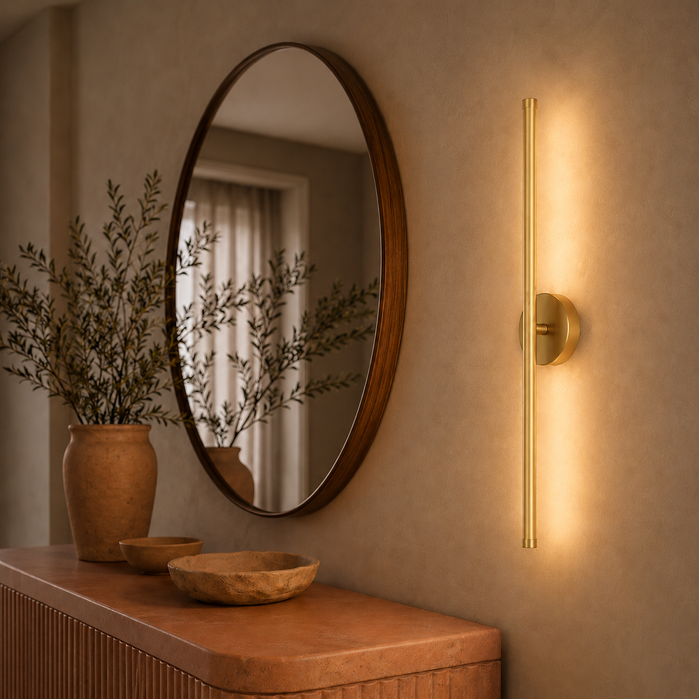 Applique tube LED dorée 50 cm au-dessus d'une console d'entrée avec miroir #or-50-cm