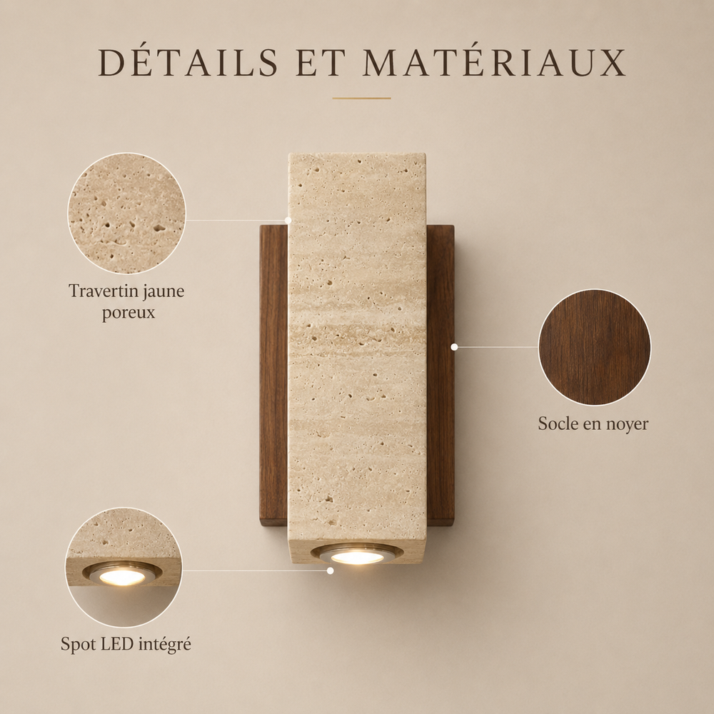 Détails et matériaux : travertin jaune poreux, socle en noyer, spot LED intégré #carre-socle-noyer