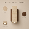 Détails et matériaux : travertin jaune poreux, socle en noyer, spot LED intégré #carre-socle-noyer