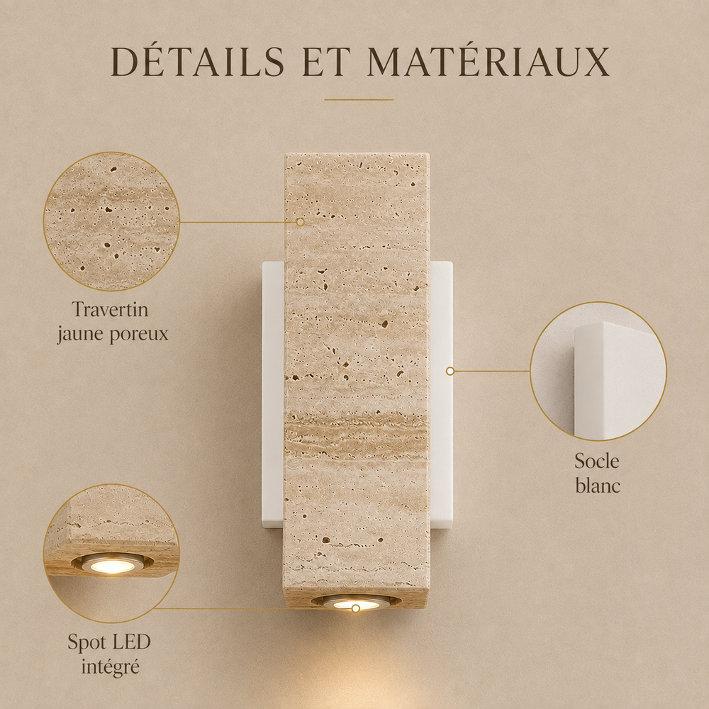 Détails et matériaux : travertin jaune poreux, socle blanc, spot LED intégré #carre-socle-blanc