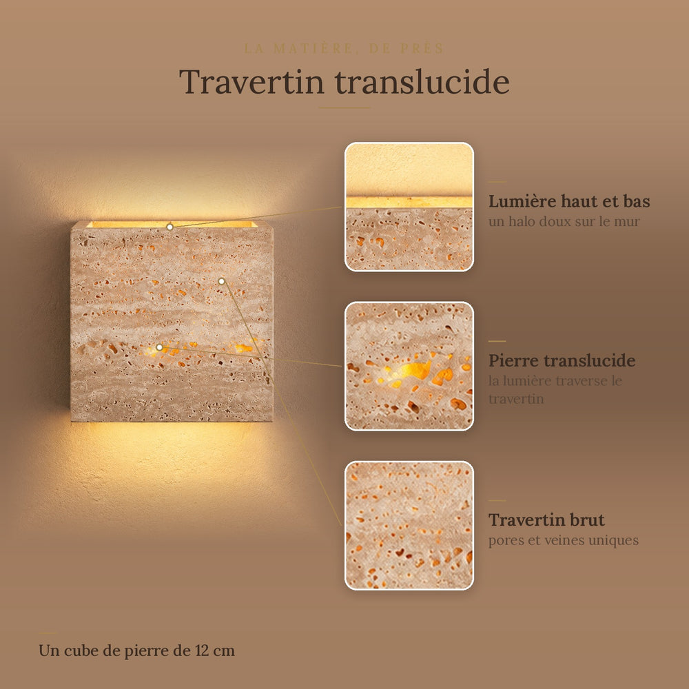 Applique murale chambre tête de lit, travertin, lumière chaude - reva 12 matiere travertin translucide #12-cm