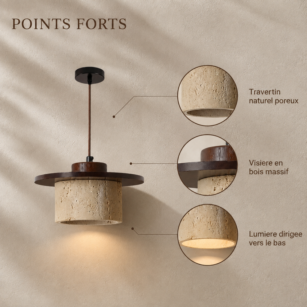 Points forts : travertin naturel poreux, visiere en bois massif, lumiere dirigee vers le bas