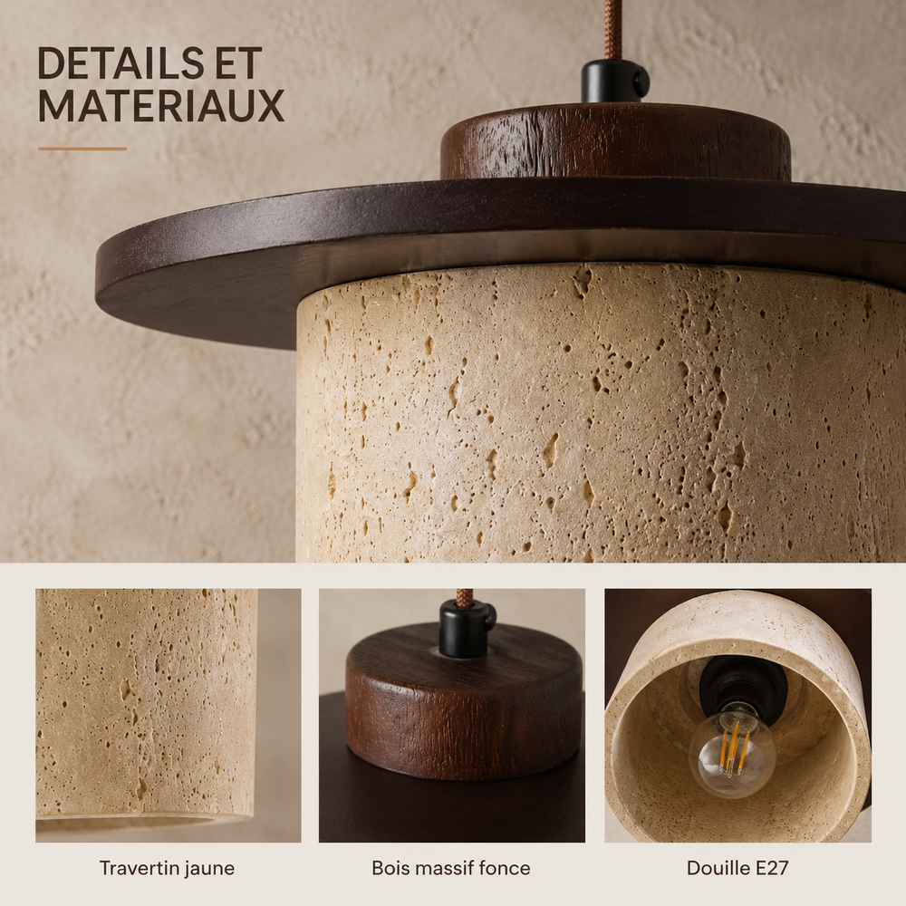 Details et materiaux : travertin jaune, bois massif fonce, douille E27