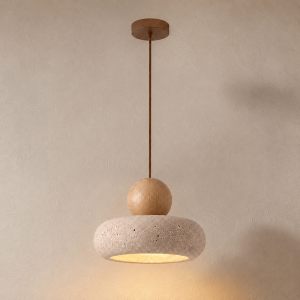 Suspension salon travertin, japonaise wabi-sabi, pierre Ø 15 cm