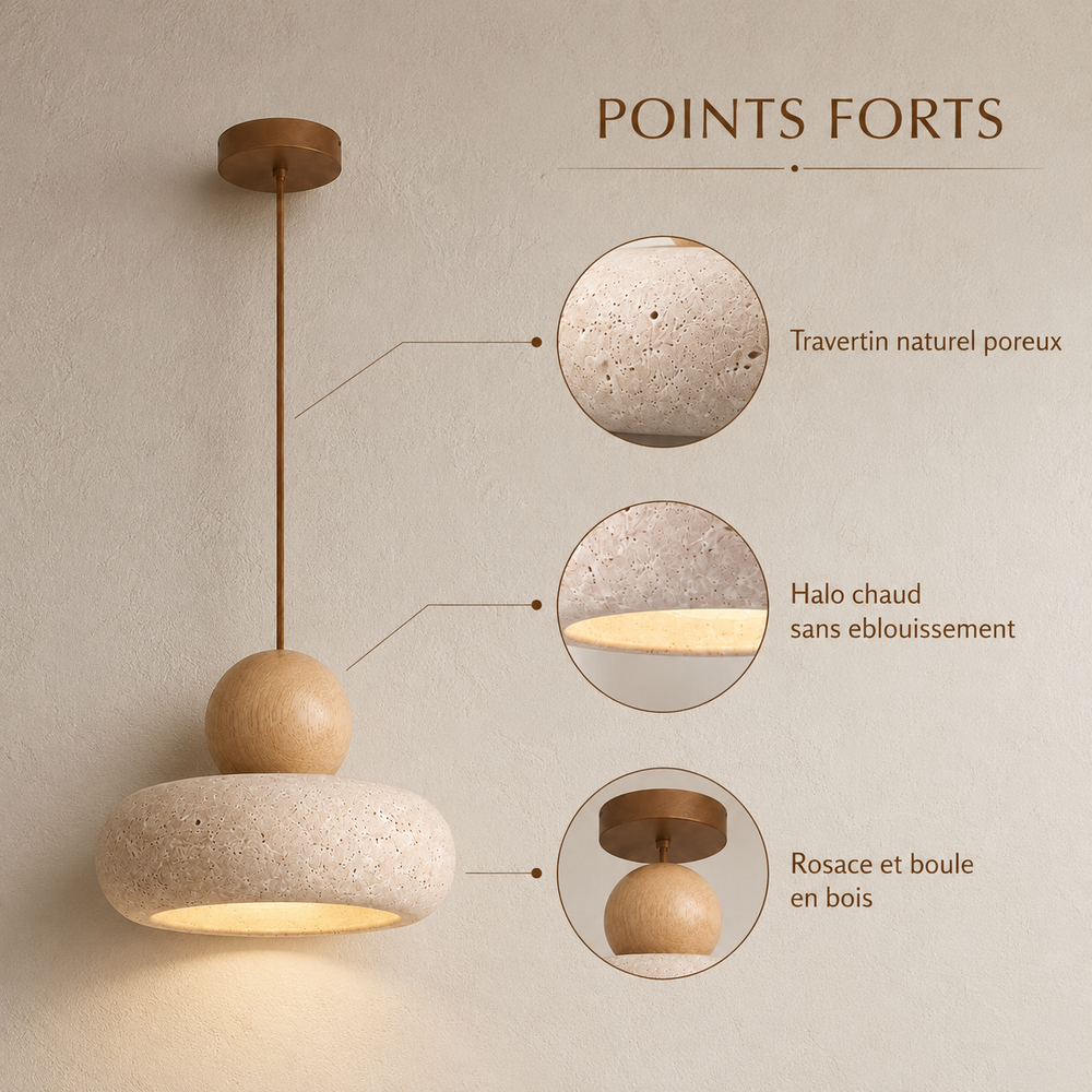 Points forts : travertin naturel poreux, halo chaud sans eblouissement, rosace et boule en bois