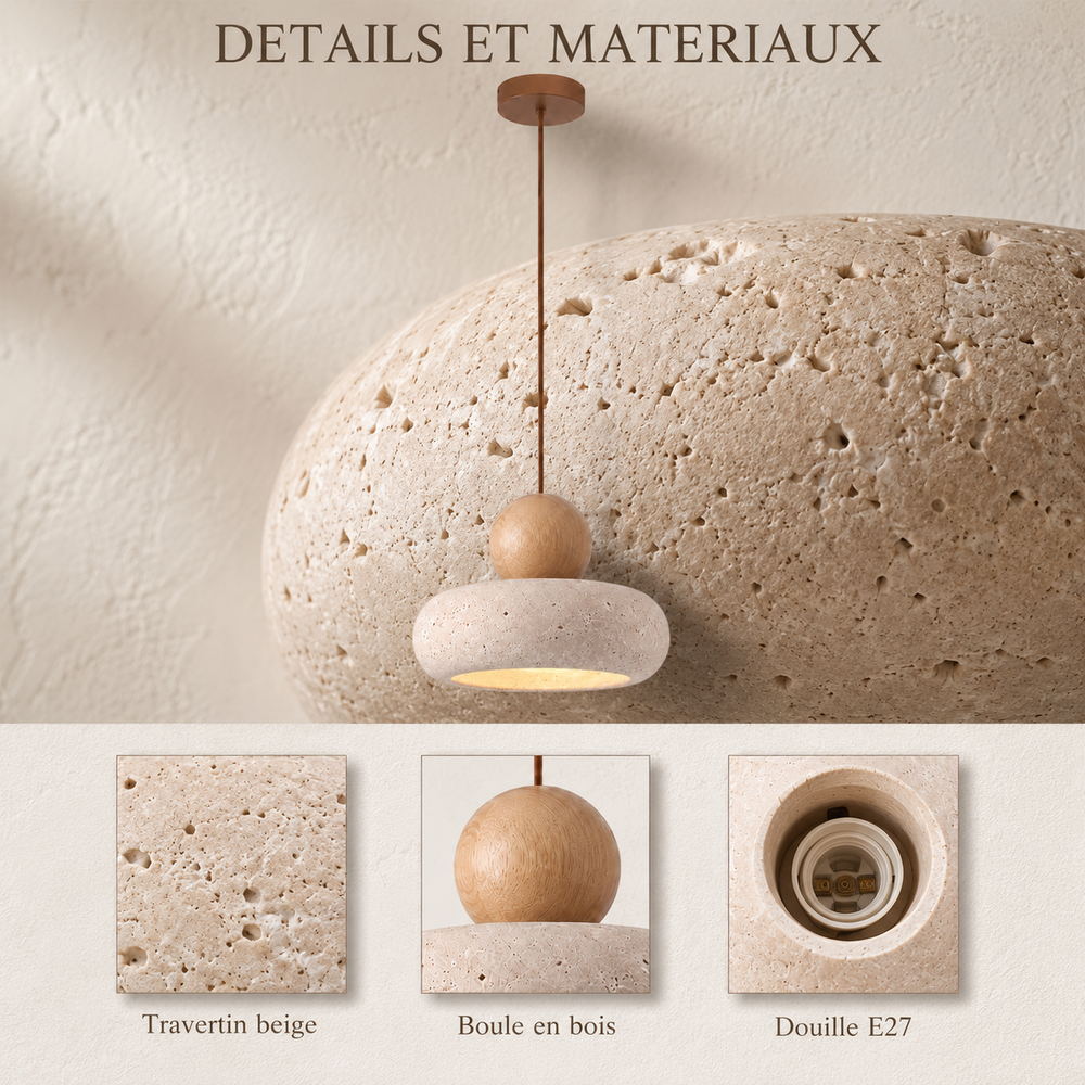 Details et materiaux : travertin beige, boule en bois, douille E27