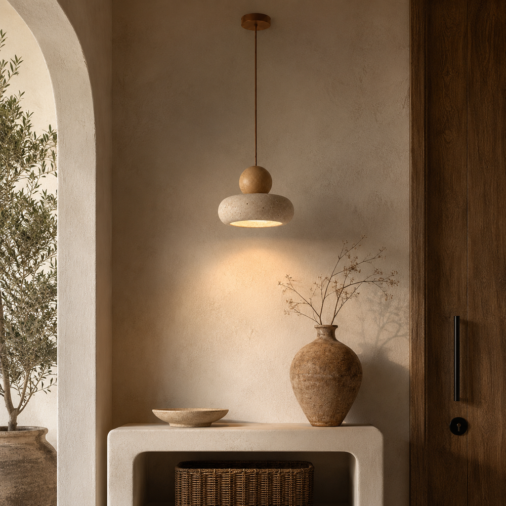 Suspension travertin dans une entree, point lumineux unique