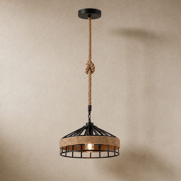 Suspension salon corde et métal noir, style industriel Ø 30 cm