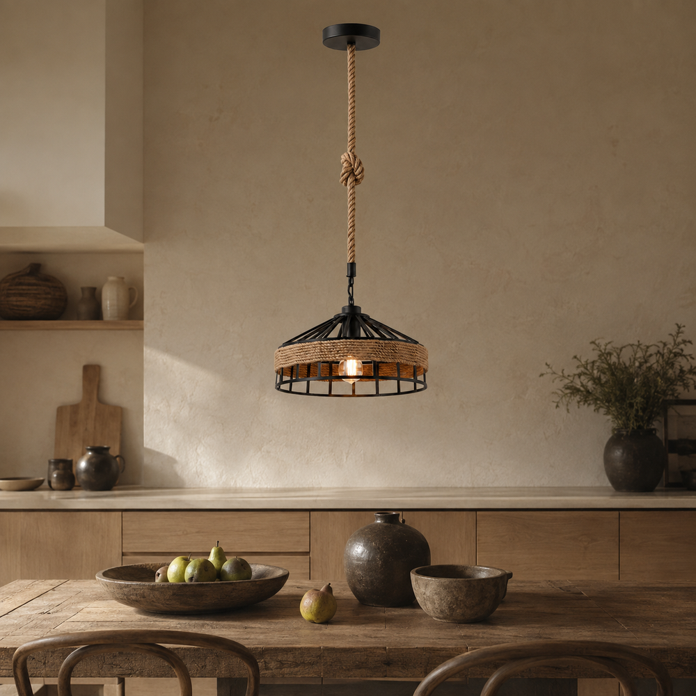 Suspension corde de chanvre au-dessus d'une table de cuisine en bois