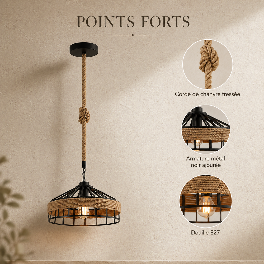 Points forts : corde de chanvre tressée, armature métal noir ajourée, douille E27
