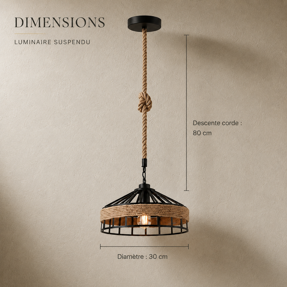 Dimensions : diamètre 30 cm, descente corde 80 cm