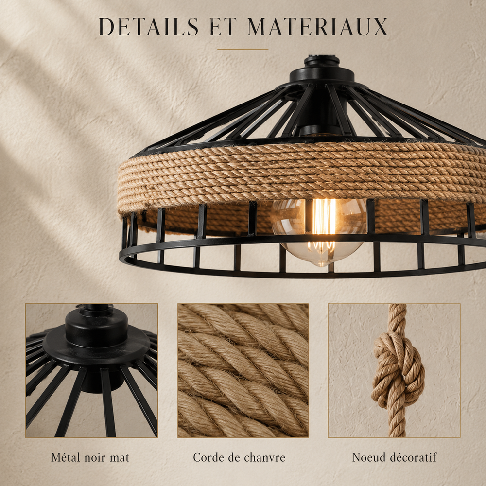 Détails et matériaux : métal noir mat, corde de chanvre, nœud décoratif