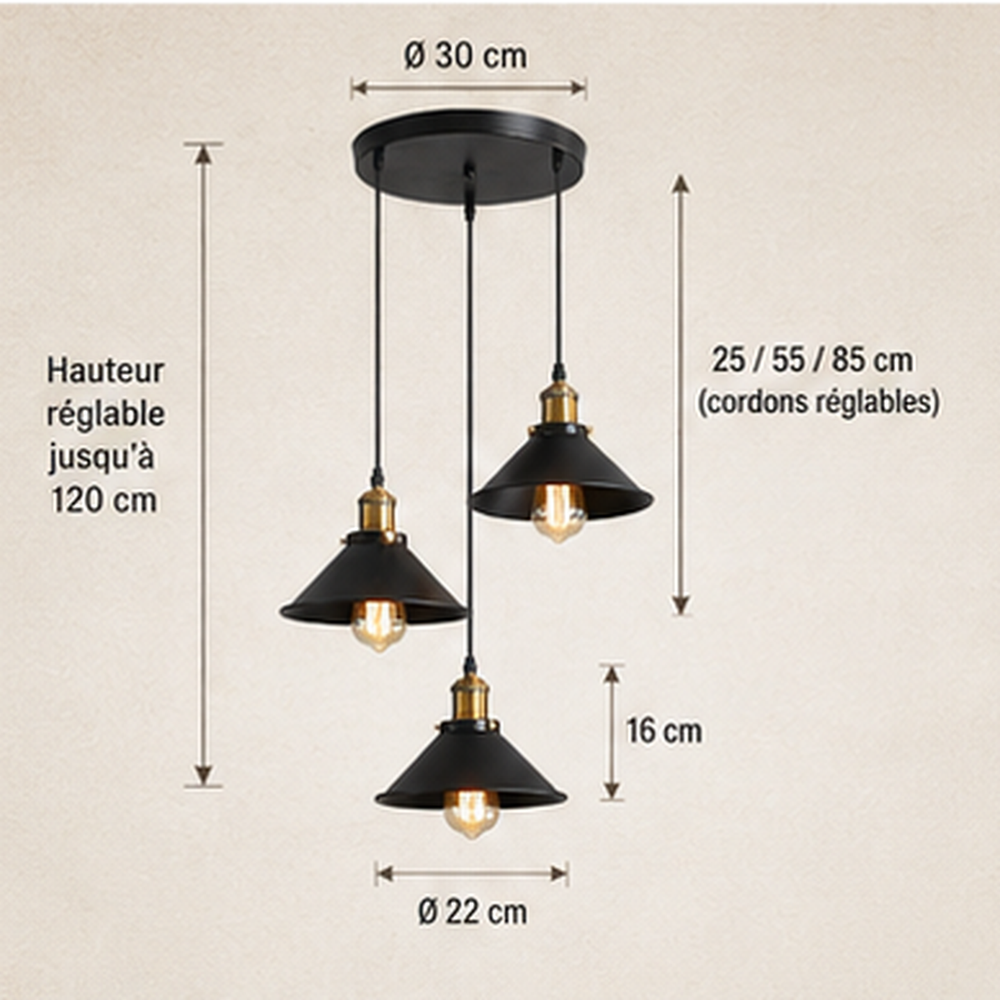 Dimensions : platine Ø 30 cm, abat-jour Ø 22 cm, cordons réglables