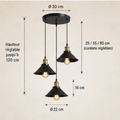 Dimensions : platine Ø 30 cm, abat-jour Ø 22 cm, cordons réglables