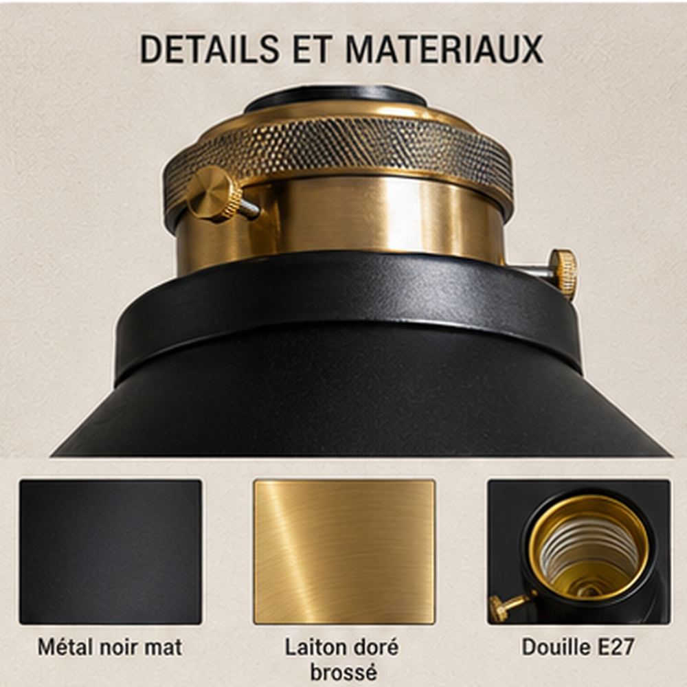 Détails et matériaux : métal noir mat, laiton doré brossé, douille E27