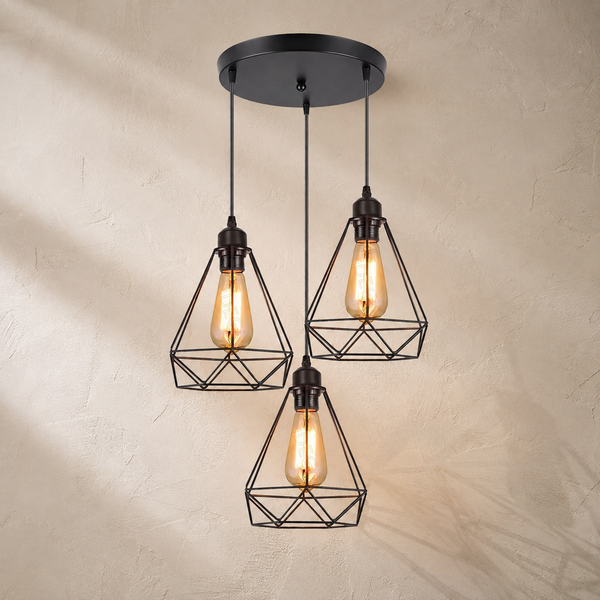 Lustre salon 3 lumières cage métal noir, style industriel