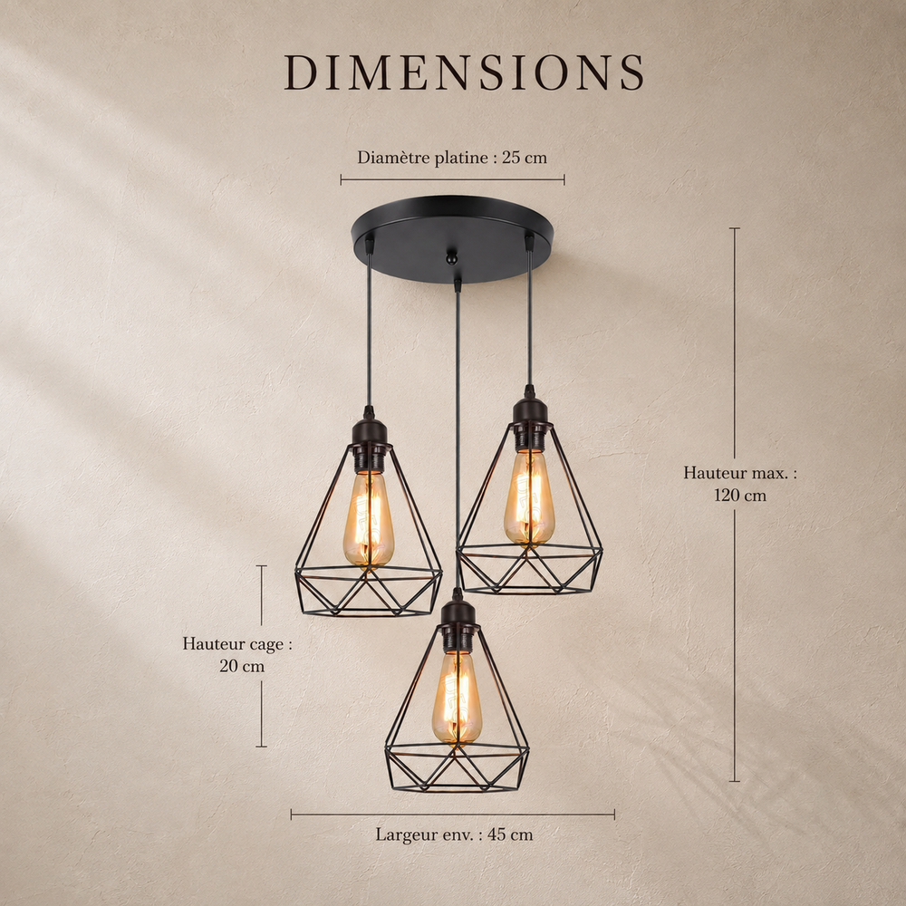 Dimensions de la suspension 3 têtes cage géométrique