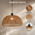 Points forts : fibres végétales tressées main, tissage ajouré, douille E27