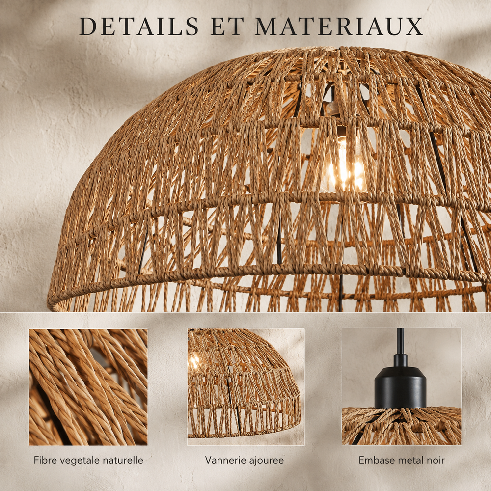 Détails et matériaux : fibre végétale naturelle, vannerie ajourée, embase métal noir